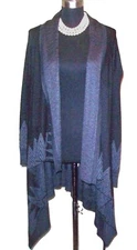 Takara Knit M Sweater Wrap Black Gray Dress Casual Ruffled Open Front Cardigan 