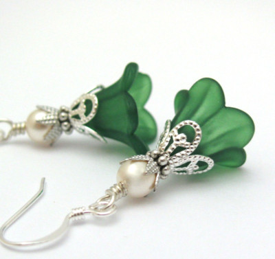 Green Flower Earrings Crystal Pearl Romancecore Gift For Girl Friend Ren Faire