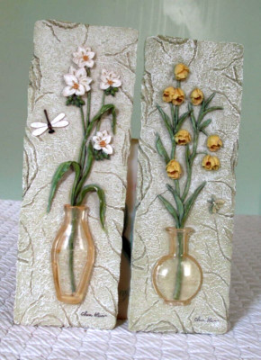 Vintage Pair Of CHEN BLUM 3D Flowers in Vase Wall Art Tiles Resin Wall Hanging