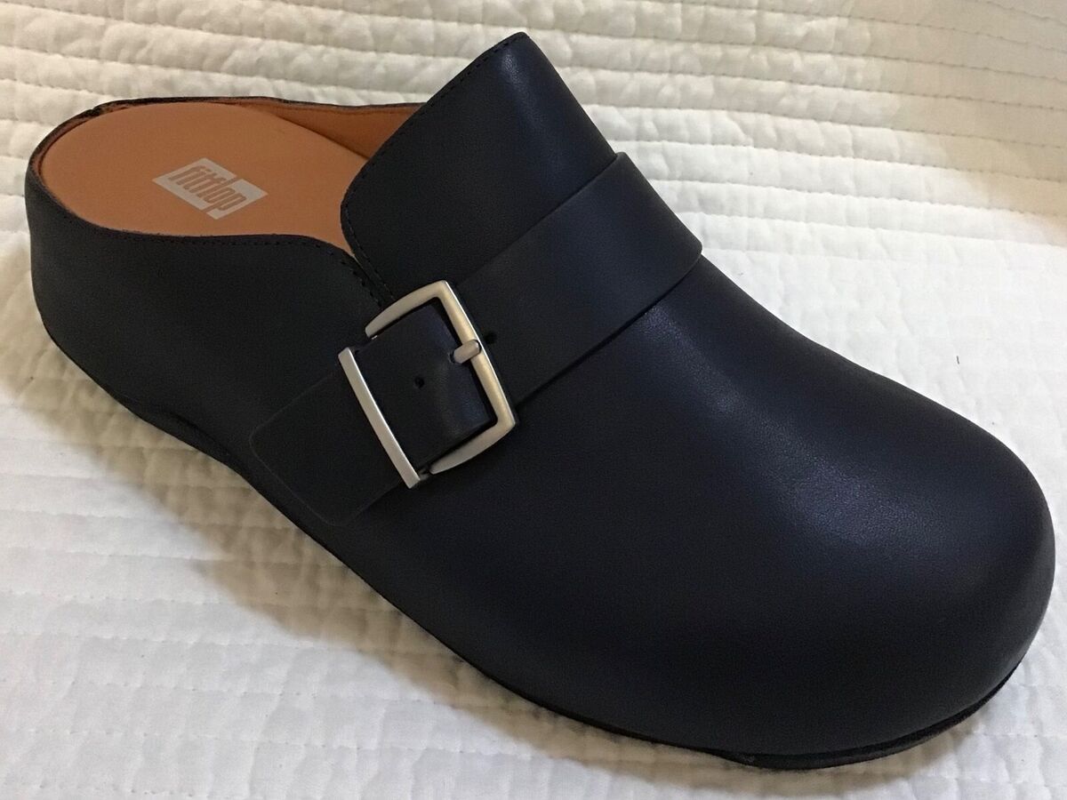 【fitflop】 (W) Shuv Buckle-Strap Leather Clogs FITFLOP SHUV BUCKLE STRAP LEATHER WEDGE CLOGS MULES MIDNIGHT