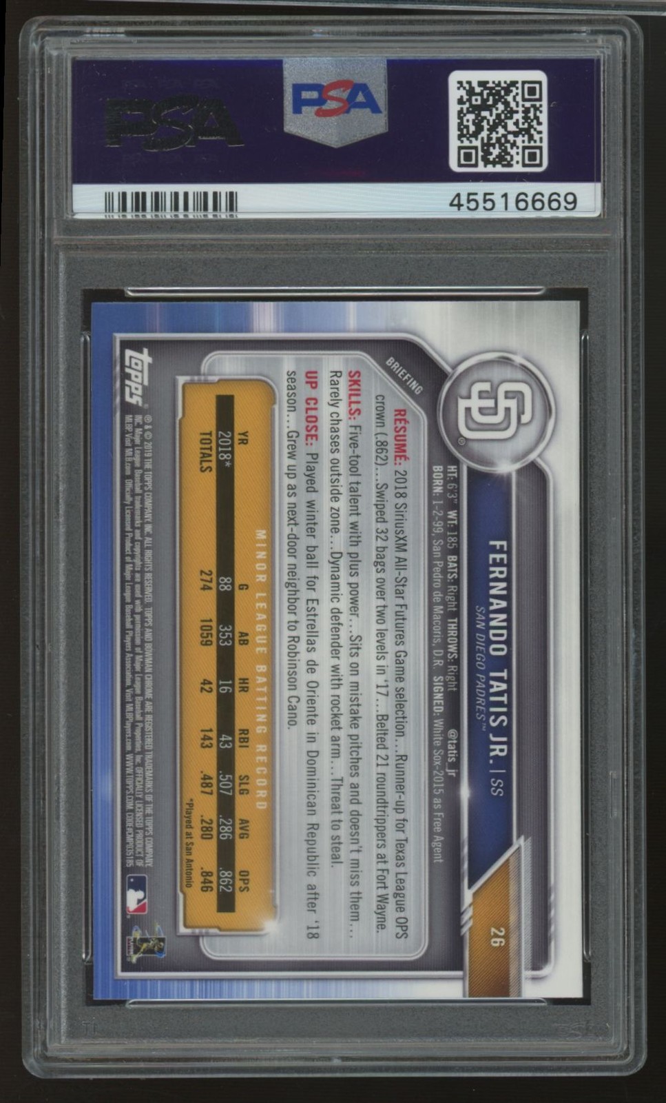 2019 Bowman Chrome Fernando Tatis Jr. RC #26 PSA 10 *669 view 2