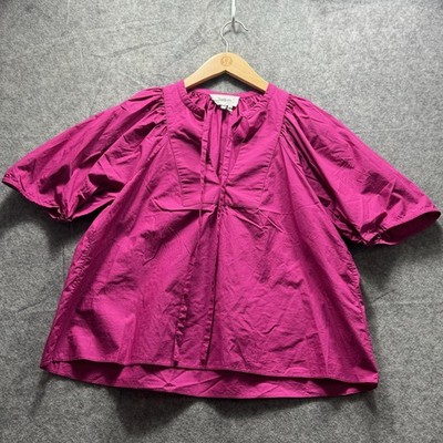 Ba&sh Blouse Womens Medium Pink Jami Balloon Sleeve 100% Cotton Top Fuchsia