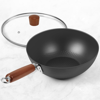 Carbon Steel Wok Pan 9.5'' Authentic Chinese Stir-Fry Pans Set with Glass Lid