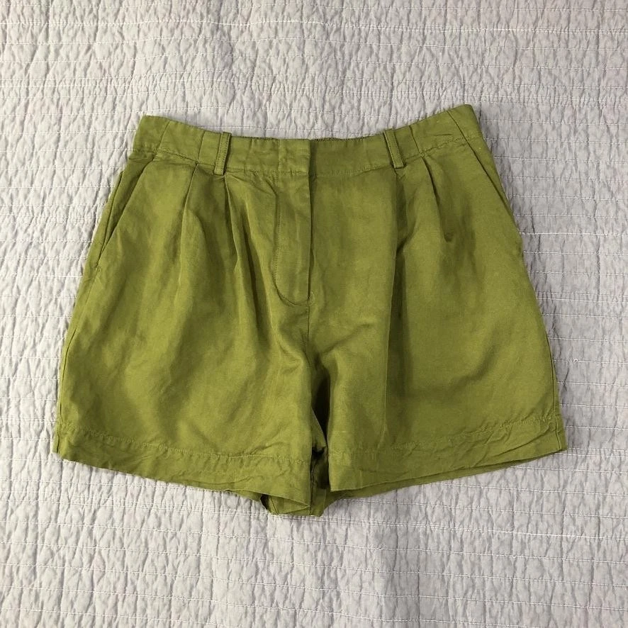 MNG Mango Shorts Women Large Green Pleated Chino Linen Blend Elastic Waist
