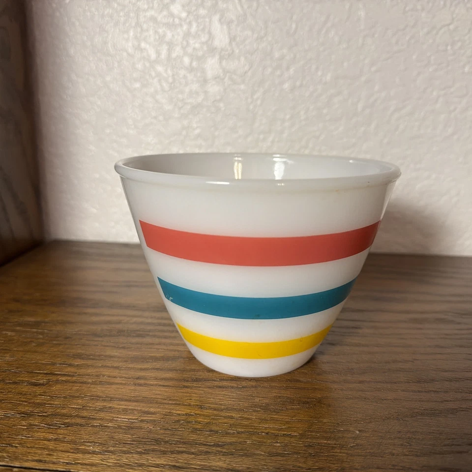 VTG Fire King Colonial Bands Stripes Grease Bowl (no lid)- Red Teal Yellow - Image 3 of 4