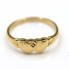 Size R Genuine 9ct 9k 375 Yellow Gold Double Heart White Sapphire Signet Ring