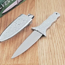 Boot Fixed Knife 3.25" Double Edge Stainless Blade Relief Cast Metal Handle