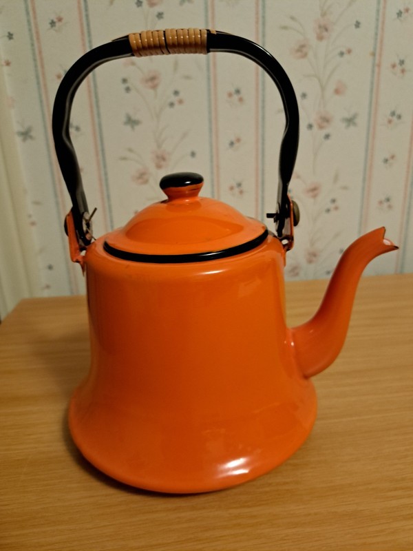 Vintage Japan Orange With Black Trim Enamelware Teapot With Lid Clean Inside