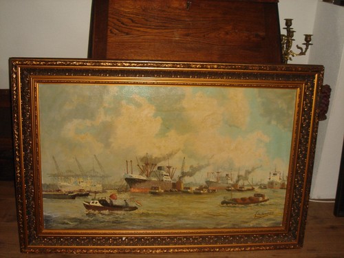Large old oil painting, { Adrie verveen ( 1912- 1988 ), beautiful harbor view}.