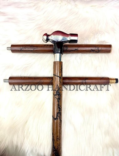 Elegant Solid Brass Hammer Head Handle Ergonomic Wooden Walking Stick Cane - Picture 2 of 8