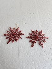 2 Red Glitter Snowflake Christmas Ornaments   4" Delicate Plastic Damaged