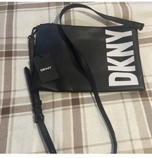 DKNY Logo Crossbody Bag Black Adjustable Strap Zip Closure Medium Designer Women