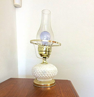 White Hobnail Milk Glass Table Lamp w/ Brass Base & Glass Chimney Shade
