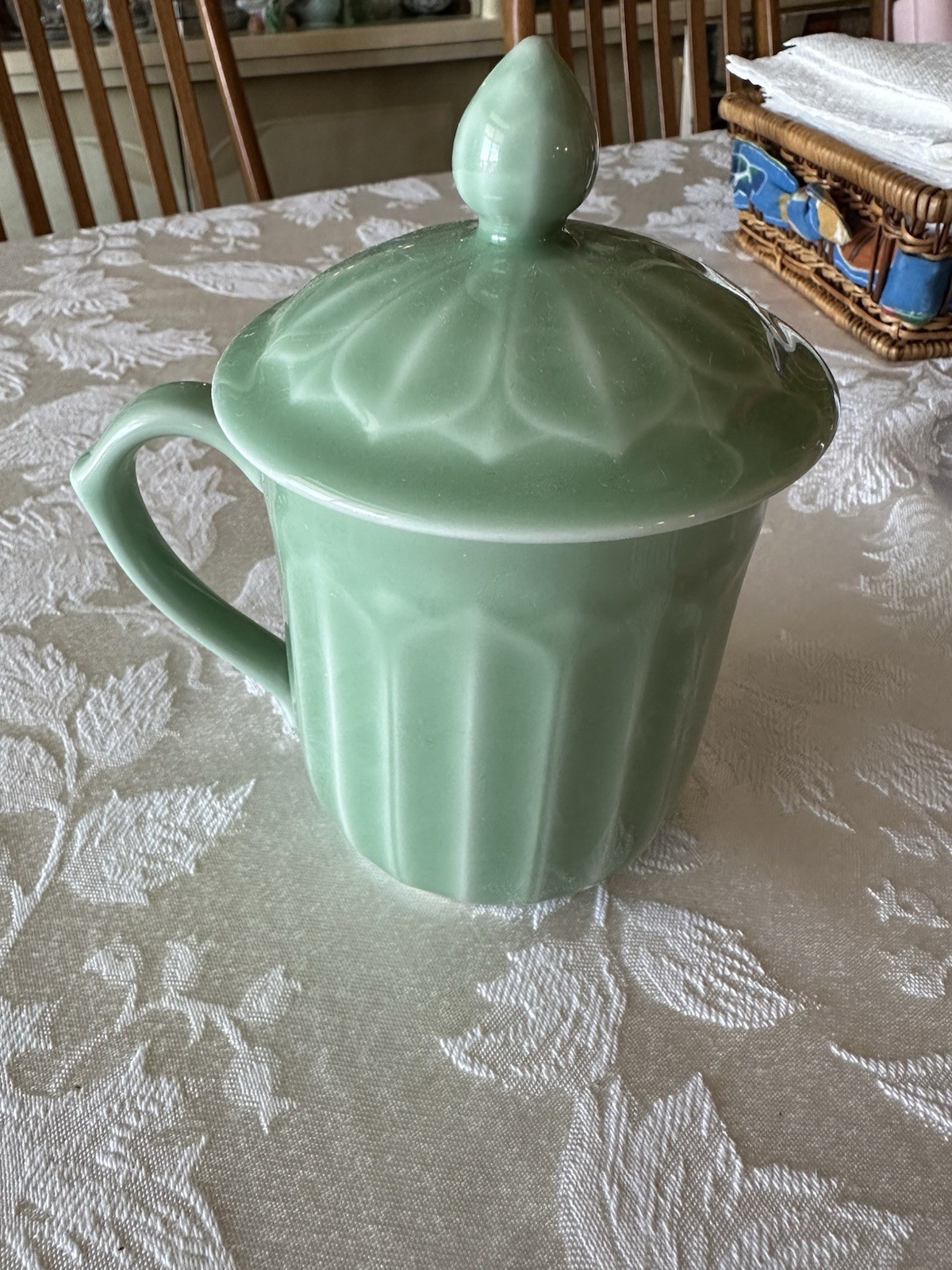 Cup W/lid Green Lotus Mint Green Asian Mug Marked