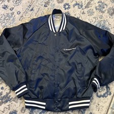 Vintage Chalk Line Satin Bomber Jacket Large Blue USA Kimberly-Clark
