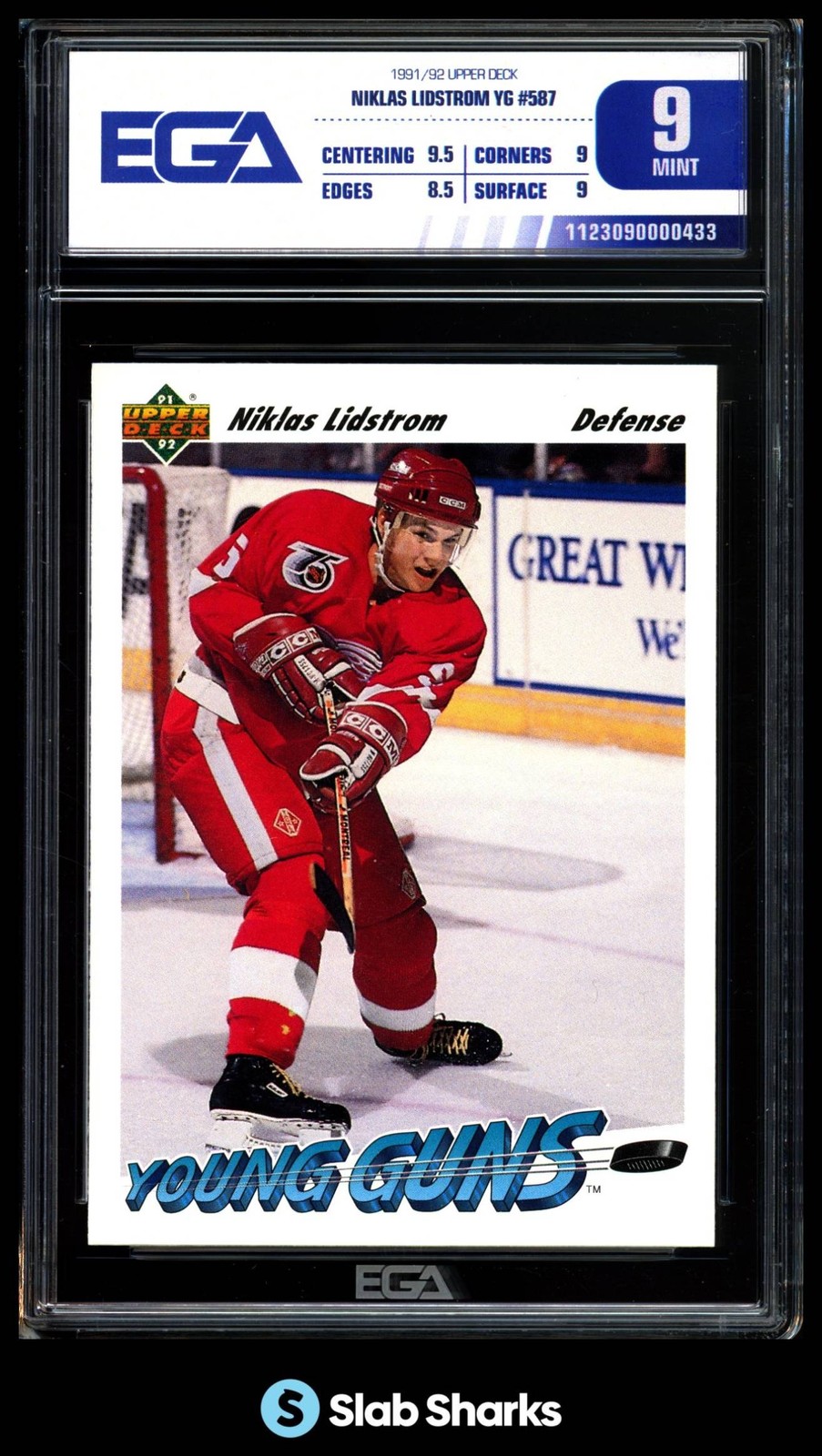 1991 UPPER DECK #587 NICKLAS LIDSTROM YOUNG GUNS RC ROOKIE EGA 9