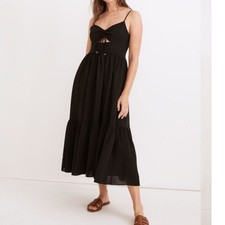 Madewell Ruched Keyhole Tiered Midi Dress Black Womens Smocked Pockets Sz 2 NEW