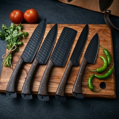 Unique Mens Gift 5Pc Handmade Knife Set Hammered Steel BBQ Chef  w/ Leather Roll