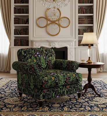 Dark Botanical Lush Ferns & Wildflowers Printed Upholstery Fabric By the Yard