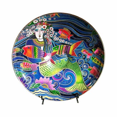 Handmade Laurel Burch Mermaid Fabric Art Plate | Signed Textile