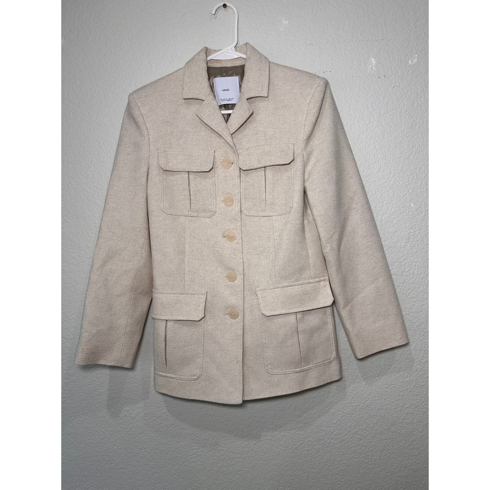 MANGO Linen Blend Utility Safari Blazer Jacket Beige Women Size XS thumbnail 4