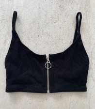 Joah Brown Crop Top Womens Small Zip Front Black Ribbed Stretch Basic Ladies