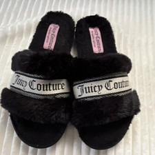 Juicy Couture JC-VALOR Black Faux Fur Slide Slippers XL Logo Comfort Women