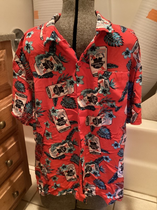 Pabst Blue Ribbon Hawaiian Shirt Beer Cans Hawaiian Flowers Sz LG/G