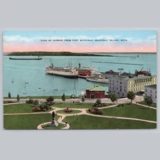 View of Harbor Fort Mackinac Island Michigan Great Lakes Ships Linen Postcard Vt