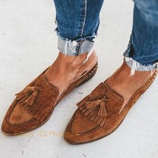 Womens Suede Pointed Toe Mules Casual Slip-On Tassel Flats Loafer Oxfords Shoes