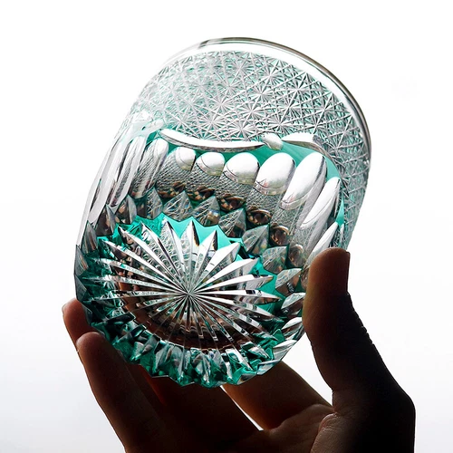 Edo Kiriko Crystal Whiskey Glasses Hand Cut To Clear Green 9oz Gift Packing - Picture 11 of 12