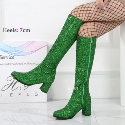 Women Glitter Sequins Knee High Boots Chunky Heel Pumps Booties Plus Size 46