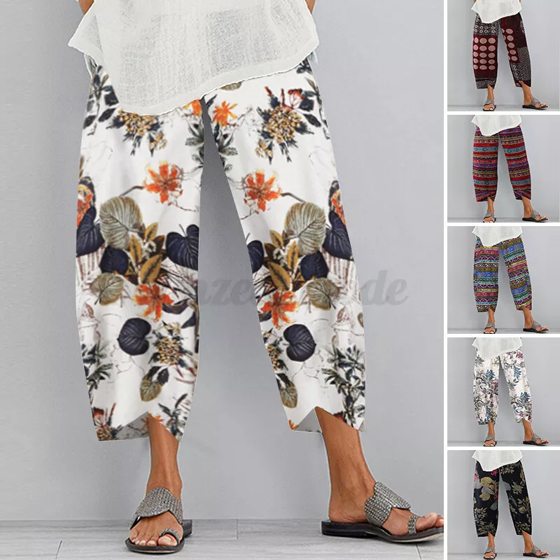 UK Women High Waist Floral Printed Capri Pants Beach Holiday Party Trousers  Plus