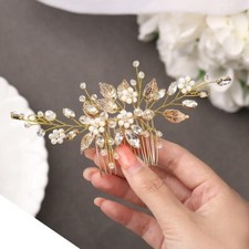 Gold Leaf Bride Wedding Hair Comb Pearl Crystal Side Bridal Hair Piece Women