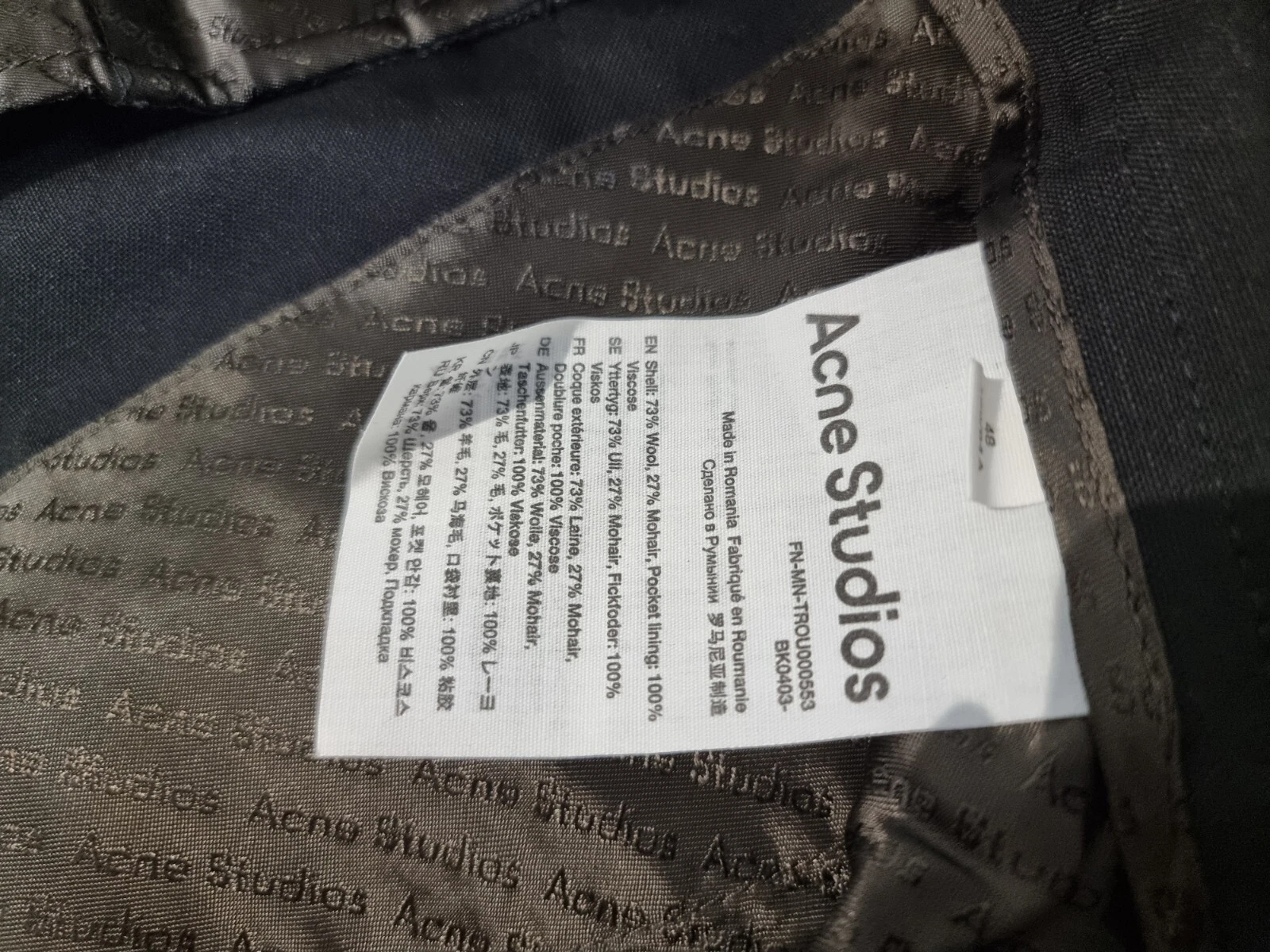 Pantaloni formali Acne Studios lana mohair pieghevoli 38 L XL uomo pantaloni neri