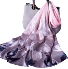 100% Silk Scarf Women neckerchief long Shawl Wrap Floral pink red gray HD1-157