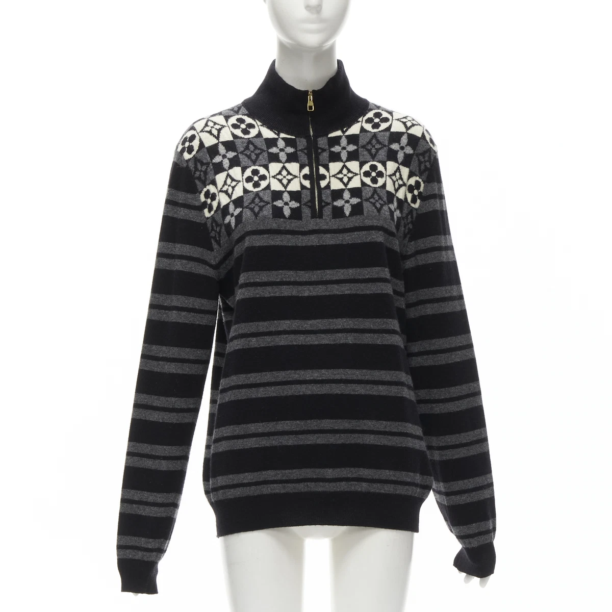 LOUIS VUITTON 100% wool LV floral motive stripe turtle neck knit sweater M