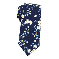 Men's Cotton Printed Floral Neck Tie Skinny Tie Navy Blue White Small Floral