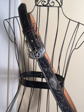 Justin Belt Silver Toned Etched Black Leather Texas Star Conches Size 42"-44"