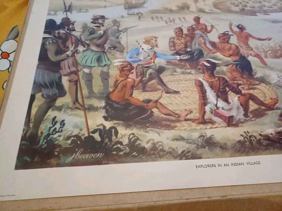  Vintage 1950s  Macmillan School Educational print poster Explorers In A Indian  - Image 3 of 4