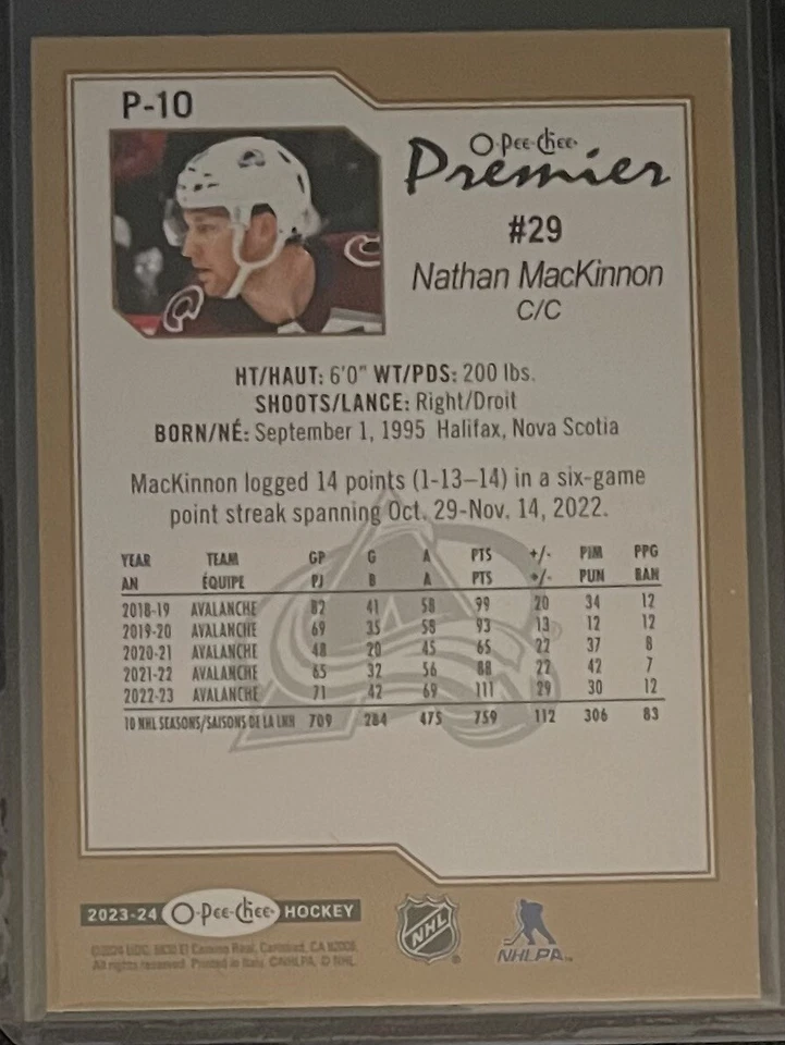 2023-24 OPC O-Pee-Chee Premier NATHAN MACKINNON #P-10 Colorado Avalanche - Image 2 of 2