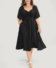 Bloomchic Solid V Neck Ruched Knotted Pocket Ruffle Hem BLACK Dress 10 MEDIUM