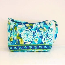 Small Blue Floral Shoulder Bag Front Pocket Contrasting Trim Fabric Purse