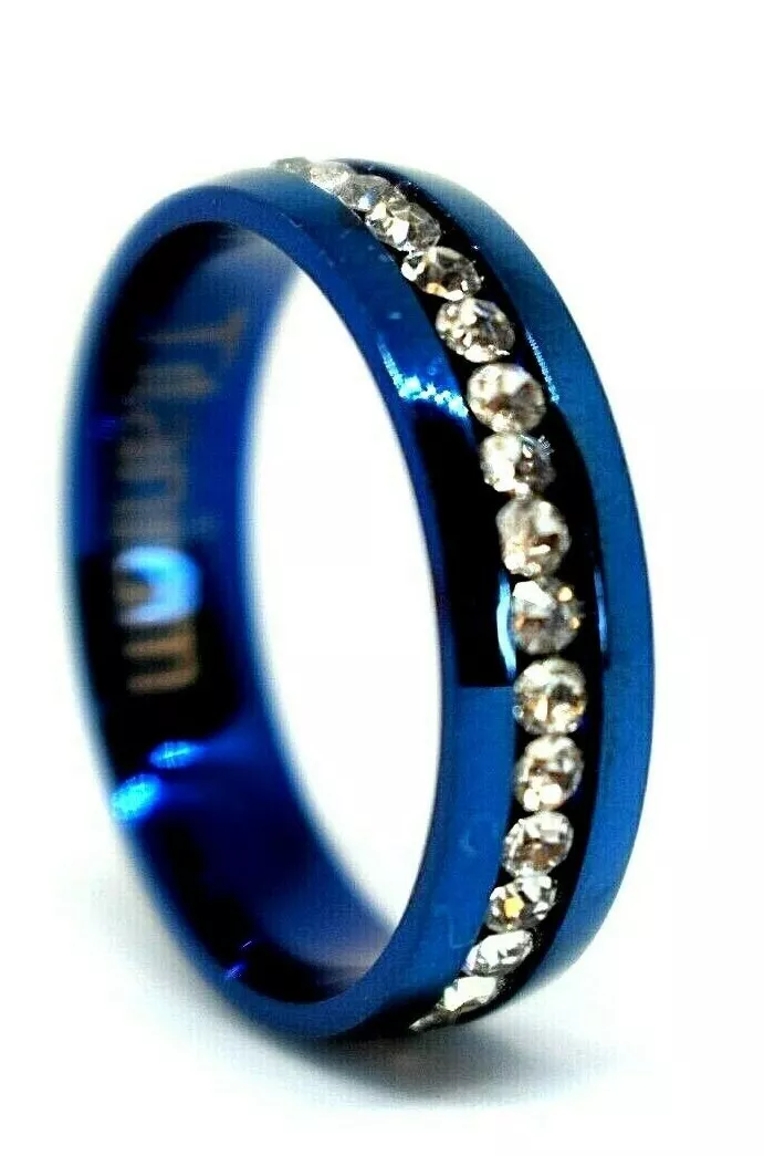 Mens Womens Titanium Ring Wedding Engagement Blue Band CZ Classic