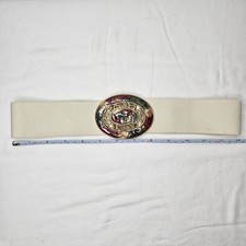 Vtg 80s Cream Elastic Cinch Belt Art Nouveau Enamel Gold Tone Buckle 24-32in