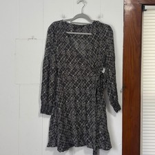 Superdry Womens Geometric Tile Print Wrap Mini Dress Black White Long Sleeve 10