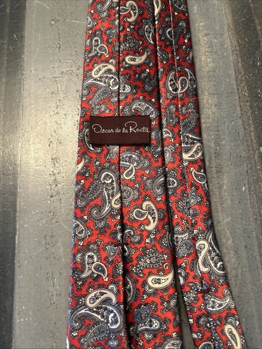 Oscar de la Renta Couture Men's Silk Neck Tie, Burgundy With Blue & Gray Floral - Picture 4 of 6
