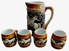 Sitzendorf Ceramic Pitcher & 4 Mugs 1920s “Historismus Style” With Hunt Scenes