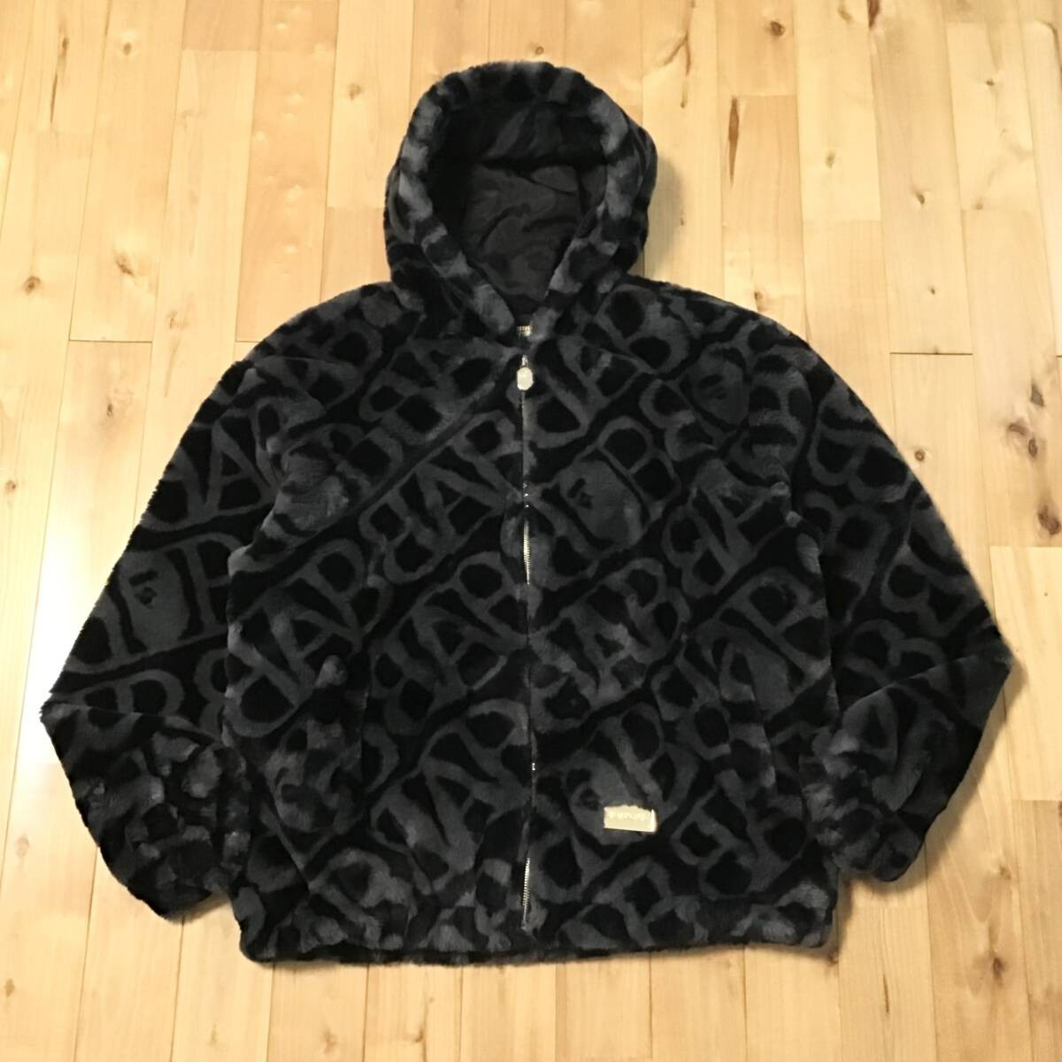 エイプファージャケット BAPE SPORT MONOGRAM FAKE FUR HOODIE JACKET Black A Bathing Ape