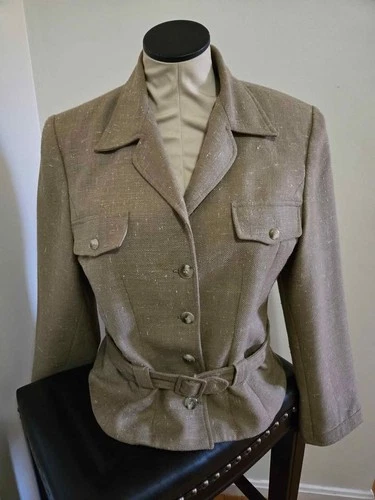 Vintage Du Rêve Petite Blazer – Tan Herringbone, Belted, Size 10P - product listing photo
